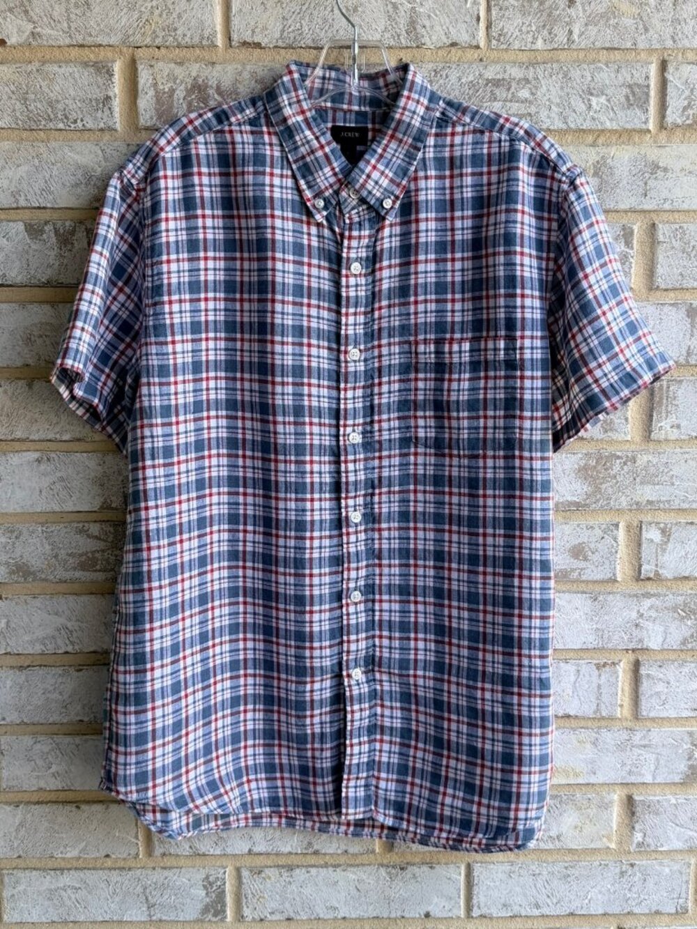 J. Crew 100% Linen Short Sleeve Button Up Collared Plaid Shirt Men's Size L